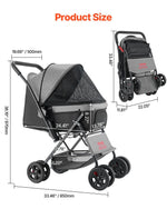 Pet Stroller Foldable 4 Wheels Travel Dog Stroller Reversible Handle Up To 44lbs